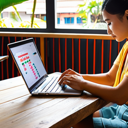 **Prompt:** Digital nomad working on a laptop at a vibrant Thai coworking space, budgeting with charts and graphs, sunny atmosphere, modern financial tools interface on screen.