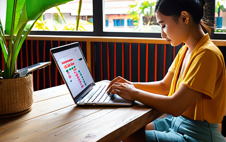 **Prompt:** Digital nomad working on a laptop at a vibrant Thai coworking space, budgeting with charts and graphs, sunny atmosphere, modern financial tools interface on screen.