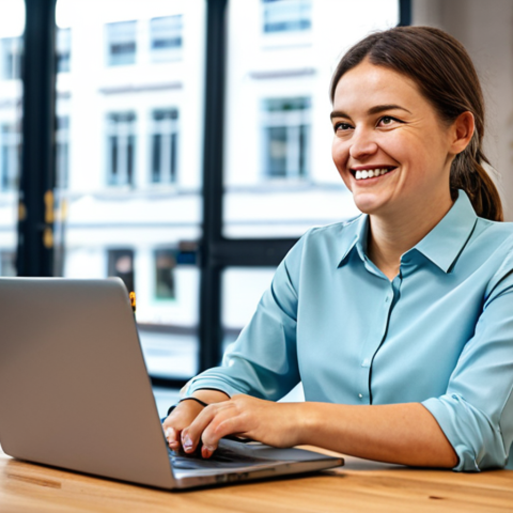 A professional female digital nomad, in her late 20s to early 30s, smiling thoughtfully as she engages with her laptop, which displays a generic online community forum. She is wearing modest, appropriate business casual attire, consisting of a neat blouse and comfortable trousers. She is seated at a clean, modern wooden table in a brightly lit co-working space. Large windows in the background reveal a subtle, blurred urban cityscape. Other fully clothed individuals are softly blurred in the background, working at their own stations. Perfect anatomy, correct proportions, natural pose, well-formed hands, proper finger count, natural body proportions, professional photography, high quality, realistic lighting, vibrant colors, safe for work, appropriate content, fully clothed, professional, family-friendly, modest clothing.