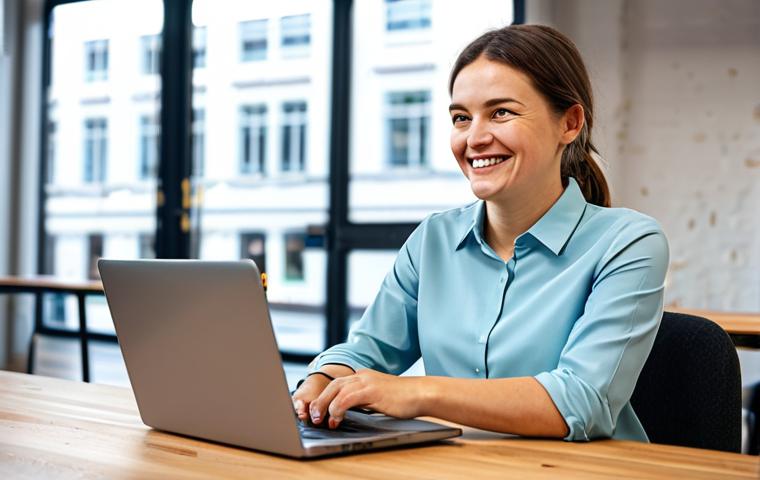 A professional female digital nomad, in her late 20s to early 30s, smiling thoughtfully as she engages with her laptop, which displays a generic online community forum. She is wearing modest, appropriate business casual attire, consisting of a neat blouse and comfortable trousers. She is seated at a clean, modern wooden table in a brightly lit co-working space. Large windows in the background reveal a subtle, blurred urban cityscape. Other fully clothed individuals are softly blurred in the background, working at their own stations. Perfect anatomy, correct proportions, natural pose, well-formed hands, proper finger count, natural body proportions, professional photography, high quality, realistic lighting, vibrant colors, safe for work, appropriate content, fully clothed, professional, family-friendly, modest clothing.