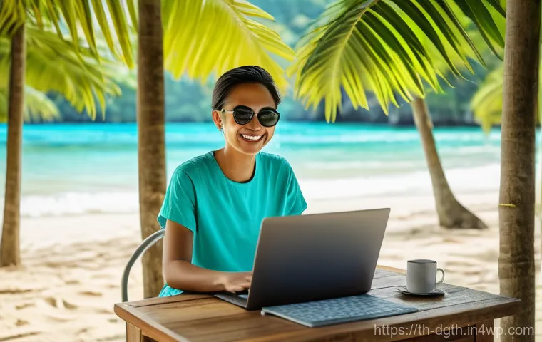 디지털 노마드와 정신 건강 관리 - Prompt 1: Digital Nomad's Productive Coastal Workspace**