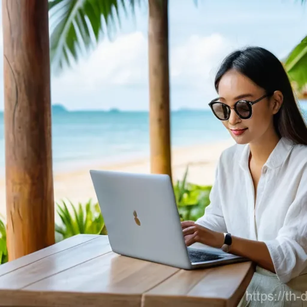 디지털 노마드와 원격 근무의 경계 - A young, diverse individual, possibly a digital nomad, is comfortably working on a laptop at a chic ...
