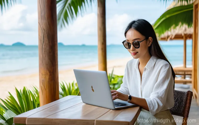 디지털 노마드와 원격 근무의 경계 - A young, diverse individual, possibly a digital nomad, is comfortably working on a laptop at a chic ...