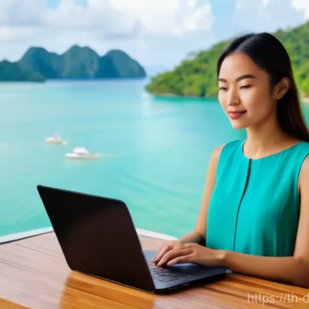 디지털 노마드를 위한 최고의 도시 추천 - A young female digital nomad, dressed in a stylish yet modest summer dress, is comfortably seated at...