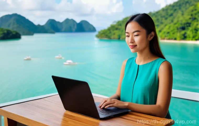 디지털 노마드를 위한 최고의 도시 추천 - A young female digital nomad, dressed in a stylish yet modest summer dress, is comfortably seated at...