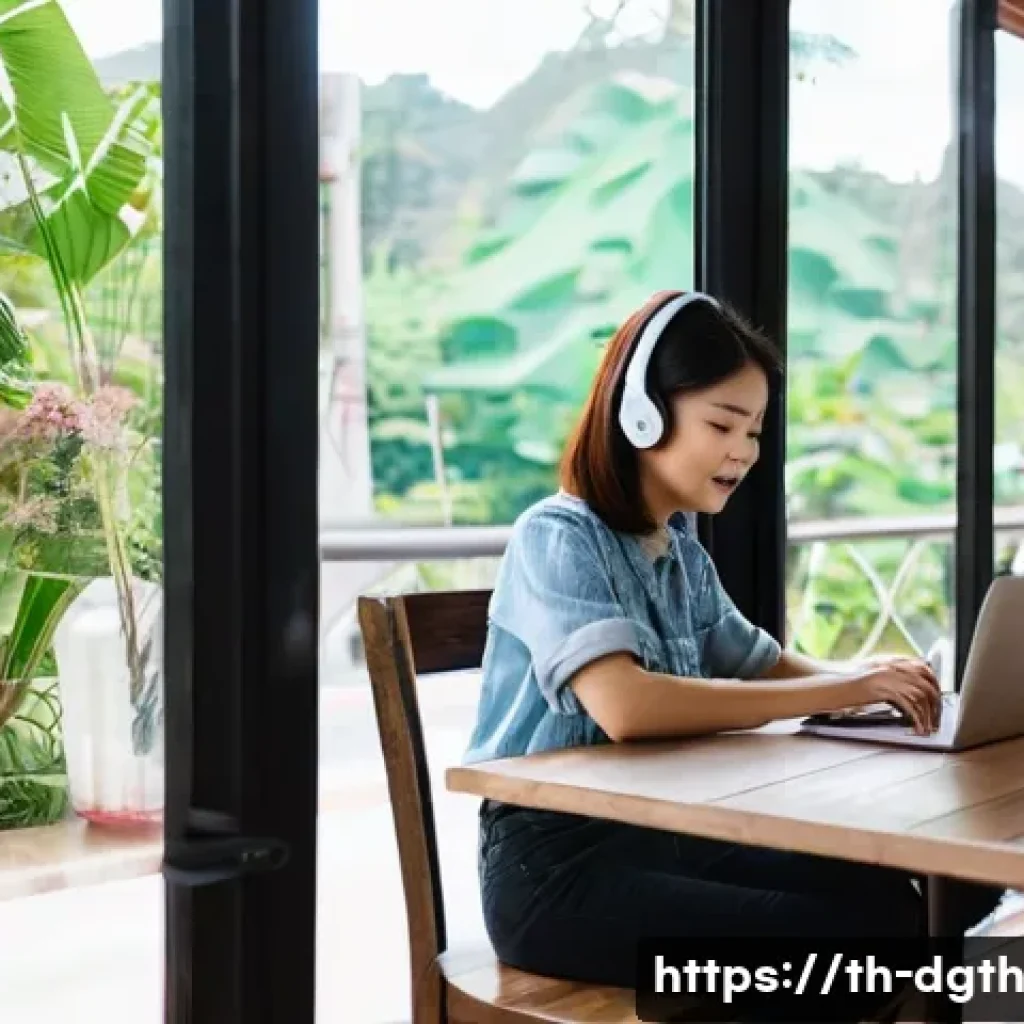 디지털 노마드를 위한 원격 근무 도구 - **Prompt:** "A bright and airy cafe in Chiang Mai, Thailand. A young woman with a laptop sits at a w...