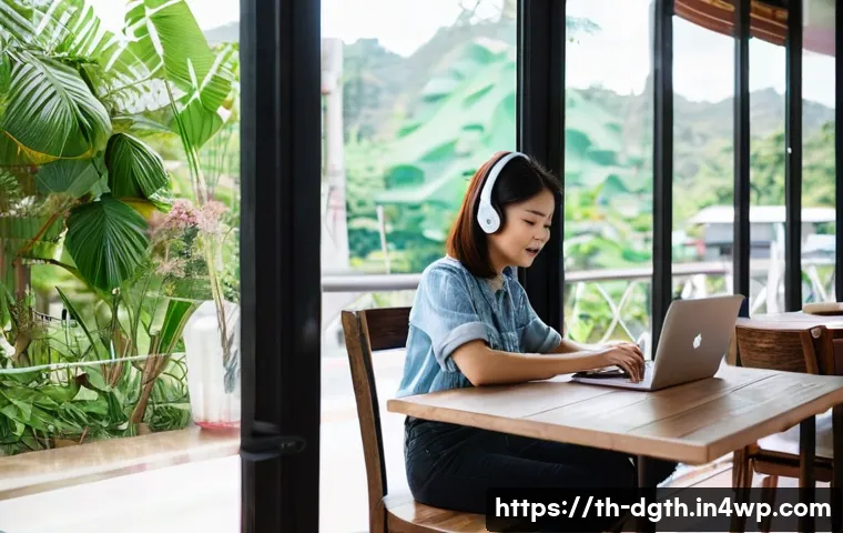 디지털 노마드를 위한 원격 근무 도구 - **Prompt:** "A bright and airy cafe in Chiang Mai, Thailand. A young woman with a laptop sits at a w...