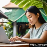Home 22 디지털 노마드의 자기 계발 방법 - A focused digital nomad woman in casual, modest clothing working on a laptop at a cozy outdoor café ...