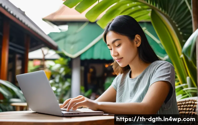 디지털 노마드의 자기 계발 방법 - A focused digital nomad woman in casual, modest clothing working on a laptop at a cozy outdoor caf&eacute; ...