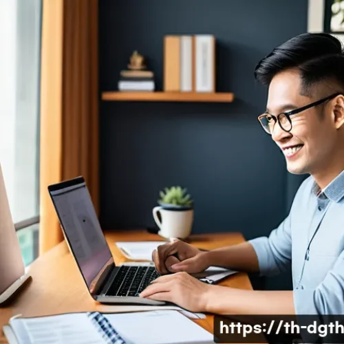 Home 33 디지털 노마드의 소득 다양화 전략 - A modern Thai freelancer working comfortably at a cozy home office desk with a laptop and dual monit...