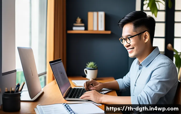 디지털 노마드의 소득 다양화 전략 - A modern Thai freelancer working comfortably at a cozy home office desk with a laptop and dual monit...