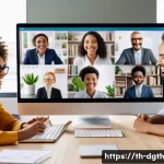 Home 20 디지털 노마드와 원격 팀 관리 - A diverse remote work team engaging in a lively video conference call, each member appearing on a se...