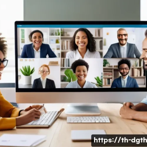 Home 32 디지털 노마드와 원격 팀 관리 - A diverse remote work team engaging in a lively video conference call, each member appearing on a se...