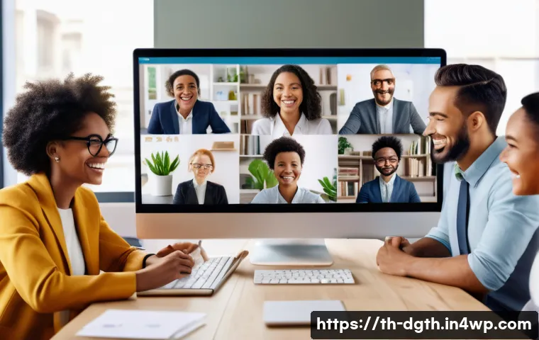 디지털 노마드와 원격 팀 관리 - A diverse remote work team engaging in a lively video conference call, each member appearing on a se...