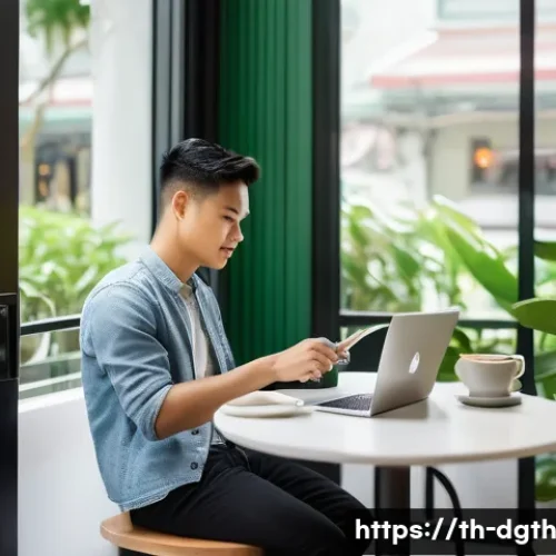 Home 31 디지털 노마드로서의 자기 개발 전략 - A young Thai digital nomad working efficiently on a sleek laptop in a cozy, well-lit corner cafe in ...