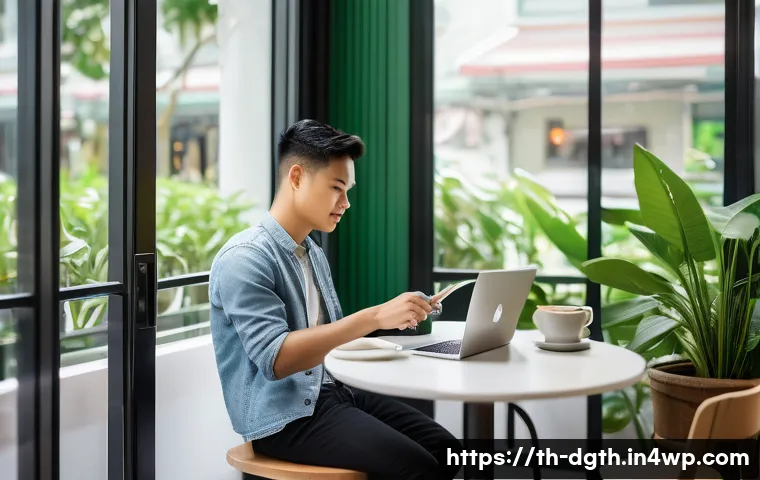 디지털 노마드로서의 자기 개발 전략 - A young Thai digital nomad working efficiently on a sleek laptop in a cozy, well-lit corner cafe in ...