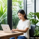 Home 18 디지털 노마드의 경력 변화를 위한 조언 - A professional digital nomad workspace scene in a cozy Bangkok coworking space, featuring a young As...